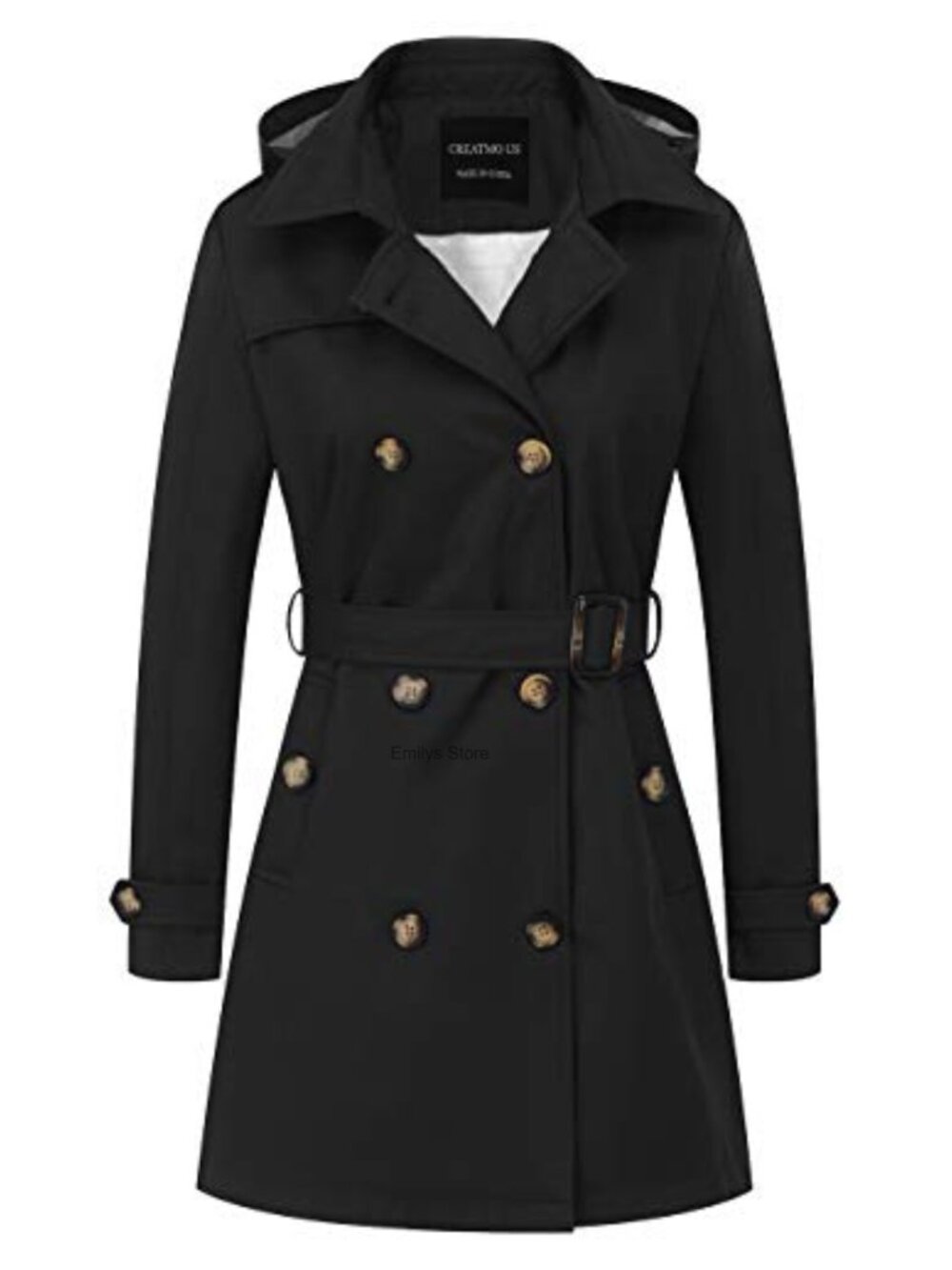 Water-Repellent Double-Breasted Trench Coat Belted Slim Fit Detachable Hood